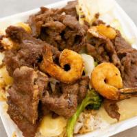 Beef & Shrimp Teriyaki · Served with steamed rice and mixed vegetables