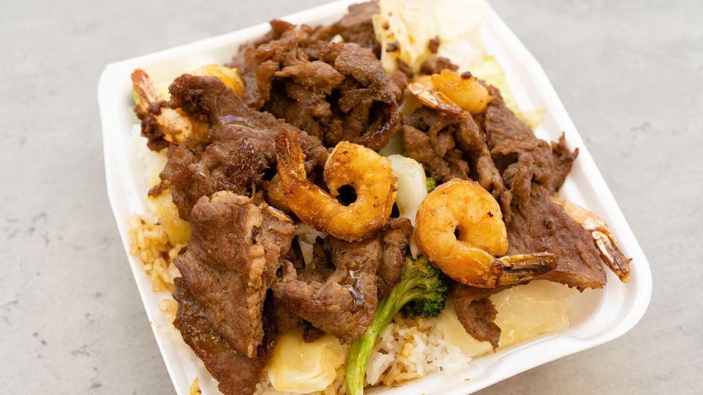 Beef & Shrimp Teriyaki · Served with steamed rice and mixed vegetables
