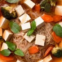 Vegetarian Noodle Soup · Tofu, bok choy, broccoli and carrot.