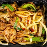 Mongolian · Hot and spicy. Scallion, onion and bell pepper. Choice of chicken, beef, shrimp, pork or com...