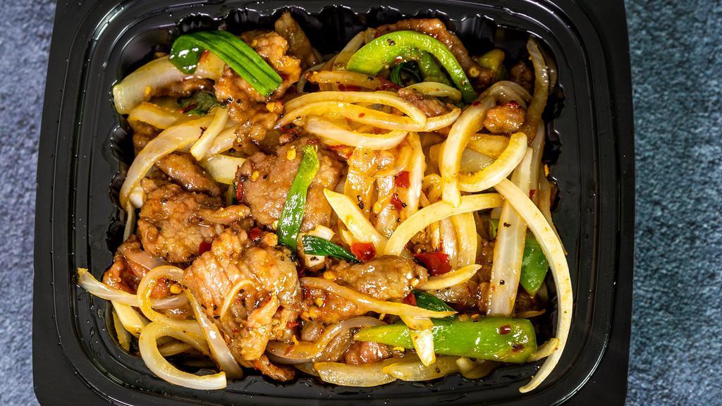 Mongolian · Hot and spicy. Scallion, onion and bell pepper. Choice of chicken, beef, shrimp, pork or combination