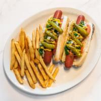 Rizzo’S Chicago Dog · Vienna beef hot dog, mustard, green relish, pickle, onion, tomato, sport peppers and celery ...