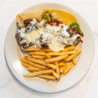 Cheesesteak  · Sirloin beef, peppers, mushrooms, onions, cheeses on a hoagie.