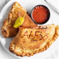 Alfy'S Calzone · Alfy’s original crust, pizza sauce, cheese, and choice of three toppings.