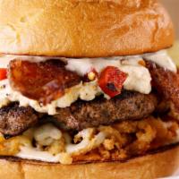 Love Stinks · Garlic cream cheese, onion strings, candied bacon, roasted red pepper, onion, garlic mayo, k...