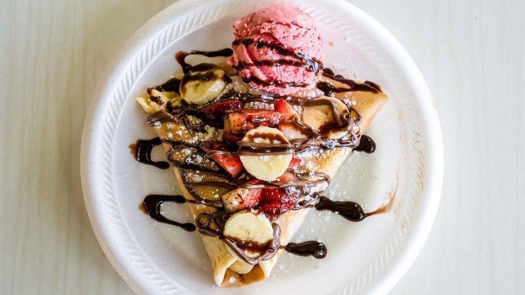 Crepas / Crepes · It comes with a small scoop of ice cream, powder sugar, whipped cream and 4 ingredients of your choice.