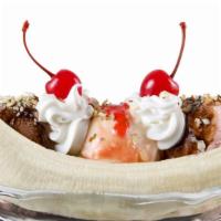 Banana O Gansito Split · Banana or Gansito served with three scoops of ice cream, whipped cream, syrup, marmalade and...
