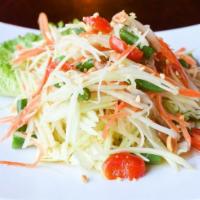 Papaya Salad · TRADITIONAL THAI SALAD WITH SREDDED GREEN PAPAYA,CARROTS,GREEN BEANS,TOMATOES AND PEANUTS FR...