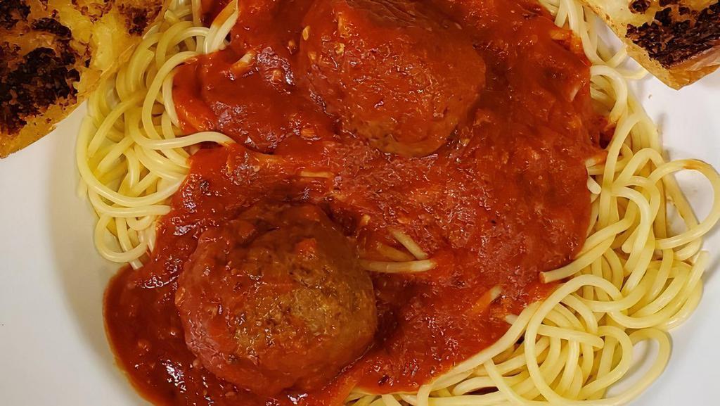 Spaghetti Dinner · Our fresh house-made spaghetti sauce, handmade meatballs, garlic bread and dinner salad! Choose your size.