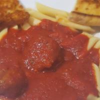 Rigatoni Dinner · Our fresh house made spaghetti sauce, handmade meatballs, garlic bread and dinner salad! cho...