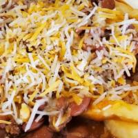 Red Chili Chz Fries · Our premium French fries smothered in red chili topped with shredded cheese.