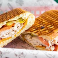 Turkey Bacon Ranch · Turkey, bacon, cheddar cheese, tomato, pickles, pepperoncini & ranch dressing.