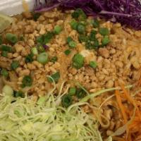 Pad Thai · Meat or tofu stir fried with rice noodles, egg, radish, bean sprouts, and green onions toppe...