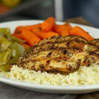 Lemon Pepper Chicken · Two chicken breasts seasoned and grilled. Served on a bed of rice with two sides. 490 cal.