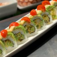 Green Decadence · Vegetarian. Tempura’d asparagus and green onion, topped with avocado, cherry tomatoes, sweet...