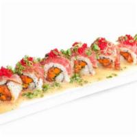 Diabla Say · Very spicy. Spicy tuna, cilantro, and yamagobo. Topped with seven spiced tuna, habañero citr...