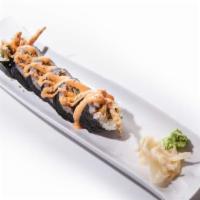 Spicy Spider Roll (Hh) · Karaage soft shell crab, avocado, cucumber, mayo, sesame, tobiko, topped with spicy mayo.