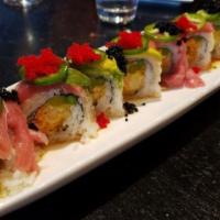Emperor'S Roll · Shrimp tempura, spicy snow crab, asparagus, topped with Toro, avocado, jalapeño, habañero ma...