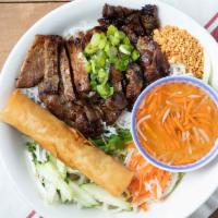 Char-Grilled Marinated Pork & Egg Roll / Bún Heo Nướng Chả Giò · Served with vermicelli noodle.