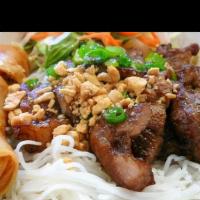 Char-Grilled Marinated Chicken & Egg Roll / Bún Gà Nướng Chả Giò · Served with vermicelli noodle.