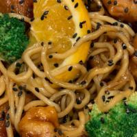 Hong Kong Noodle · orange chicken, egg noodle,and  broccoli pan fried in ho,e made sweet & sour source .