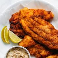Fried Catfish  · Succulent Catfish and French Fries hush puppies