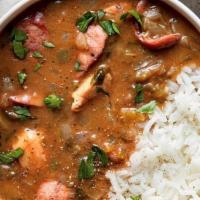 House Gumbo  · Shrimp,  Andouille Sausage, Crab Meat with Okra and Trinity 

Specify Spice Level 1-10