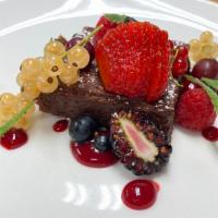 Cioccolatino · Flourless, Port Wine Infused Chocolate Cake, Raspberry Sauce