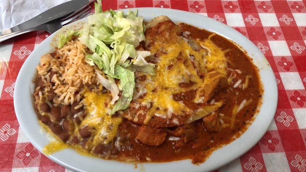 Enchiladas Plate · Served with Beans and Spanish Rice choice of Red or Green Chili 

Cheese  $9.00
Beef          $10.00
Chicken  $9.00
Carne Adovada  $10.00 
Chicken   $9.00 
Carne Adovada 10.00