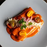 Shrimp Enchiladas · tomatillo salsa - crema fresca and chihuahua cheese. (contains dairy & shellfish)