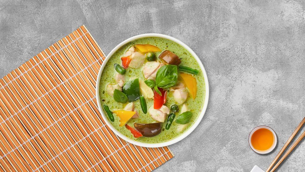 Green Curry · Coconut milk, bamboo shoot, eggplant, string beans, bell peppers, basil and choice of protein.