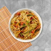 Papaya Salad · Shredded papaya, shredded carrots, tomatoes, and peanuts mixed with a sour and spicy lime dr...