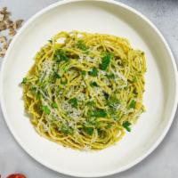 Pesto Boy Pasta (Linguine) · Linguine pasta, chicken breast, zucchini, Kalamata olives, fresh garlic, and basil, tossed w...