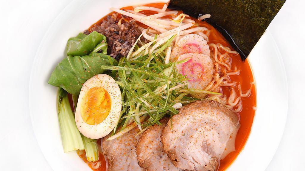 Spicy Donkotsu Ramen · Spicy. Spicy Donkotsu Broth, Chashu(Pork Belly), Boiled Egg, Bean Sprout, Fish Cake, Crispy Rice, Bok Choy, Green Onions, and Ramen Noodles