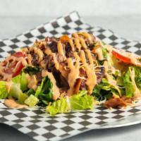 Keto Burger Salad · 1/3 lb. fresh patty, lettuce, tomato, two pieces of fresh bacon, Monterey and cheddar cheese...