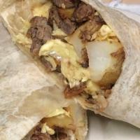 Breakfast Burrito · Flour tortilla rolled with your choice of chorizo, steak, or ham with potatoes, beans, eggs ...