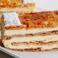 Napoleon · Layers of flaky pastry dough are alternated between rich vanilla pastry topped off with cara...