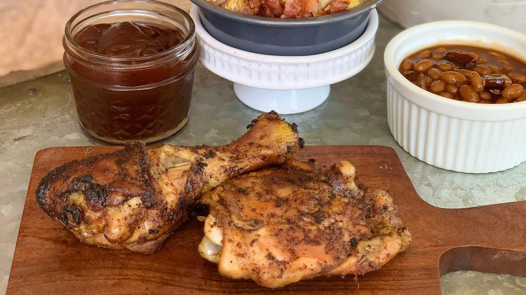 Chicken Quarter Plate · Seasoned with our handmade Chicken Rub, this leg and thigh section of the chicken is smoke to perfection. Pair it with your choice of 2 sides and you've got yourself a meal!