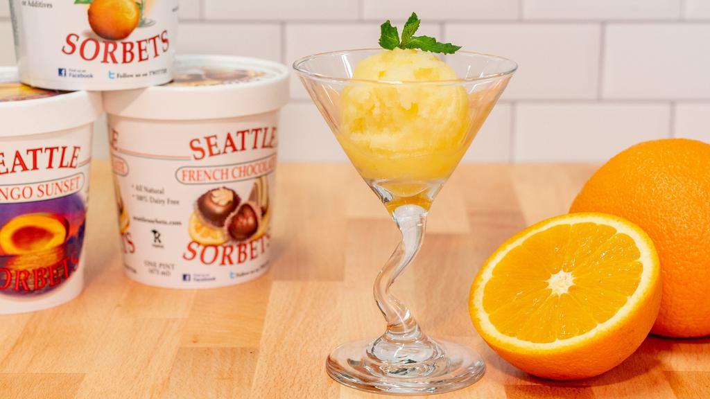 Champagne Orange Sorbet · Pint. Made from freshly squeezed California oranges not concentrate! we believe that there is a noticeable difference between concentrate and freshly squeezed oranges and we refuse to sacrifice taste to save a few dollars. The fresh juice is then blended with a distinct sparkling wine and a bit of orange peel for that extra citrus flavor.