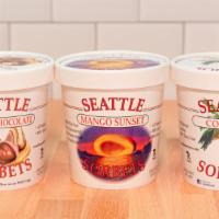 3 Pint Combo Of Mango Sunset, French Chocolate, & Coconut Sorbets · This is a combo of 3 pints of Seattle Sorbets flavors.  Mango Sunset, French Chocolate, Coco...