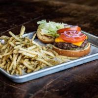 The Stable Cheeseburger · Smashed, Boulder Valley beef patty, american cheese, parmesan mayo, leaf lettuce, tomato, re...