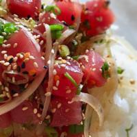 Aloha Classic Bowl · Two scoops of ahi tuna, onion, green onion, sesame seeds, red pepper flakes, and mixed in Ha...