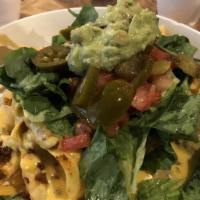 Agave Nachos · Choice of shredded chicken, shredded beef, ground beef or cheese, on a bed of re-fried beans...