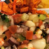 Ceviche · Choice of shrimp, fish, octopus or scallops with cucumbers, tomatoes, red onions and cilantr...