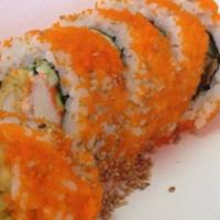 Shrimp Tempura Roll · Shrimp tempura, avocado, imitation crab, cucumber, spicy mayo inside with masago.