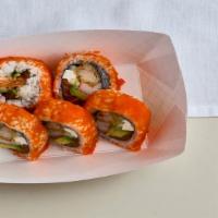 Samurai Roll · Salmon, cream cheese, imitation crab, cucumber, shrimp tempura and avocado inside with masag...