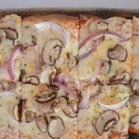 Vegan Mushroom & Onions Flatbread · Mushrooms and red onions with vegan mozzarella and red sauce on vegan flatbread.