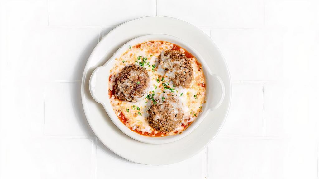 Baked Italian Meatballs · Handmade beef and pork meatballs, marinara, melted cheese. (Meatballs cannot be made gluten or dairy free.)