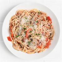 Spaghetti With Spicy Sausage · Crumbled italian sausage, roasted red peppers, mushrooms, tomatoes, fresh oregano, chili fla...
