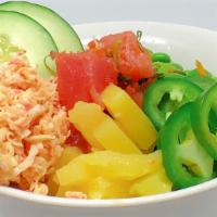 Ahi Tuna Bowl · Cube Tuna, green onion, seaweed, fish egg, Spicy crab mix, , carrot, pineapple, corn, edamam...